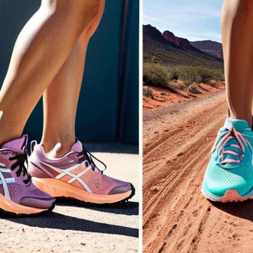 Home 11 **A split image:** On the left, a close-up of various athletic shoes (running, trail running, HIIT) highlighting the different sole technologies (GEL, Boost, gripping soles). On the right, a woman confidently working out, wearing stylish pastel-colored athletic wear, including shoes with metallic accents.