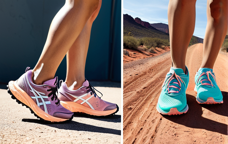 **A split image:** On the left, a close-up of various athletic shoes (running, trail running, HIIT) highlighting the different sole technologies (GEL, Boost, gripping soles). On the right, a woman confidently working out, wearing stylish pastel-colored athletic wear, including shoes with metallic accents.